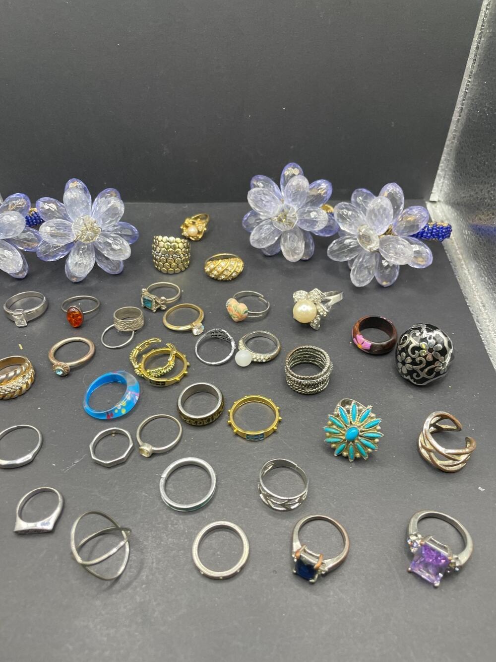 Vintage To Modern Costume Rings Lot Mixed Styles Turquoise Faux Pearl Rhinestone